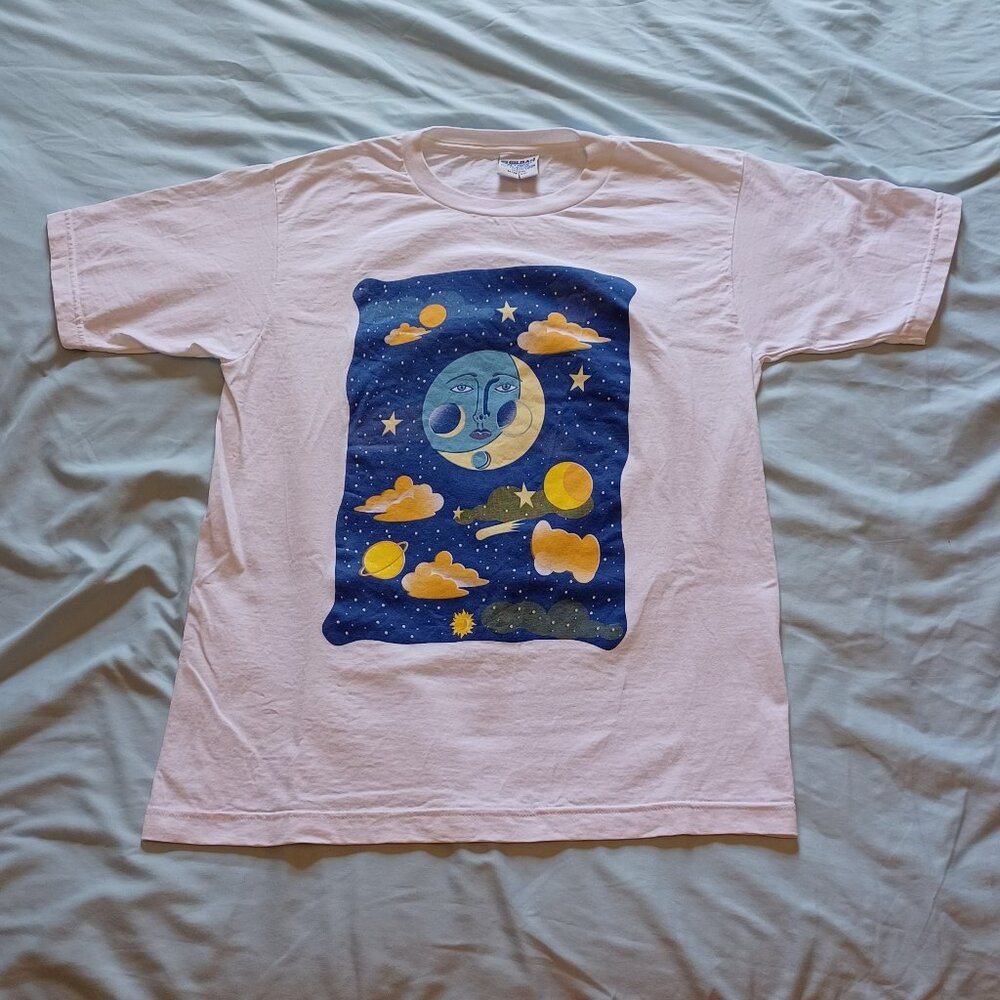 Vintage 1990s Gildan "Moon Face" Celestial White T-Shirt Adult M Sun Stars Sky